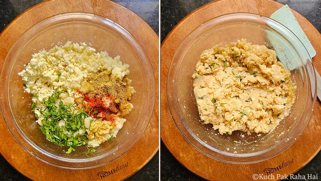 Mixing boiled mashed potatoes, paneer and spices in a bowl.