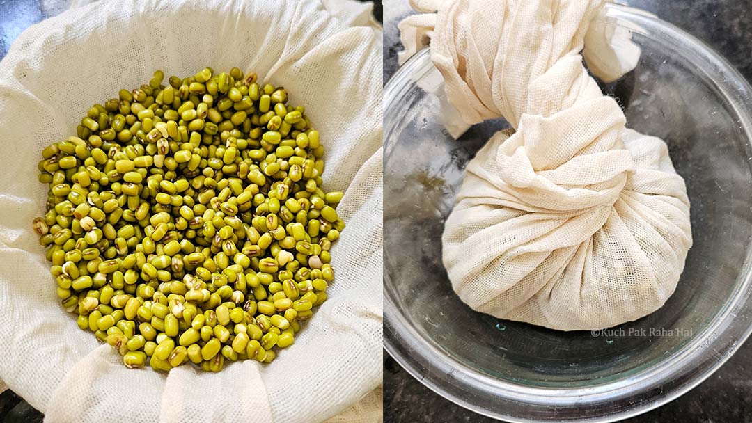 Wrapping soaked mung beans in muslin cloth.