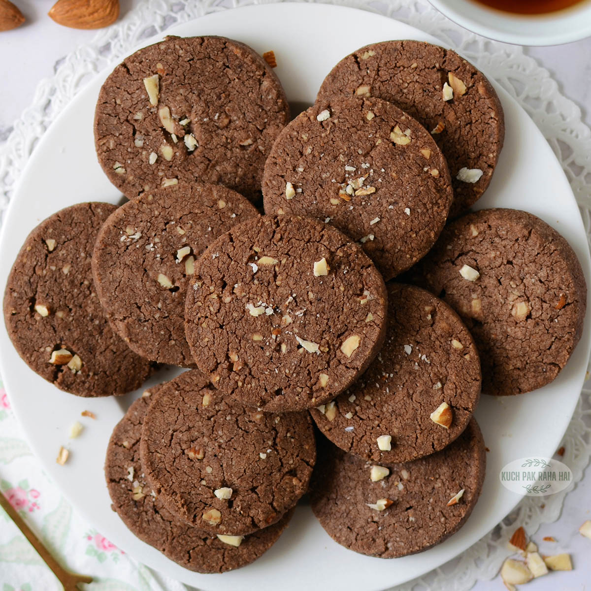 Chocolate almond cookies eggless recipe.