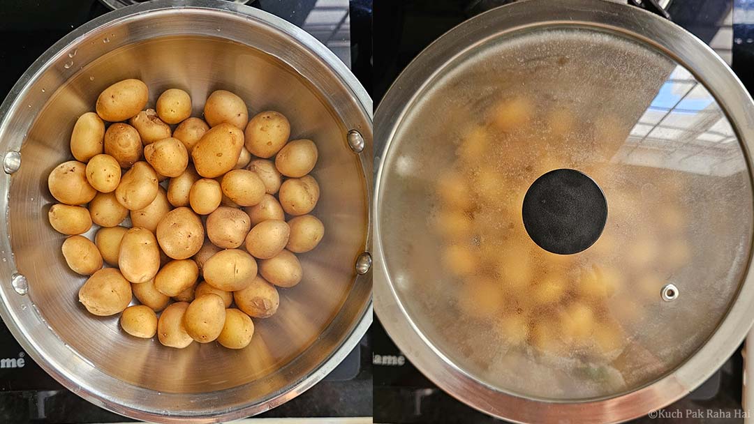 Boiling potatoes in a pan on stovetop.