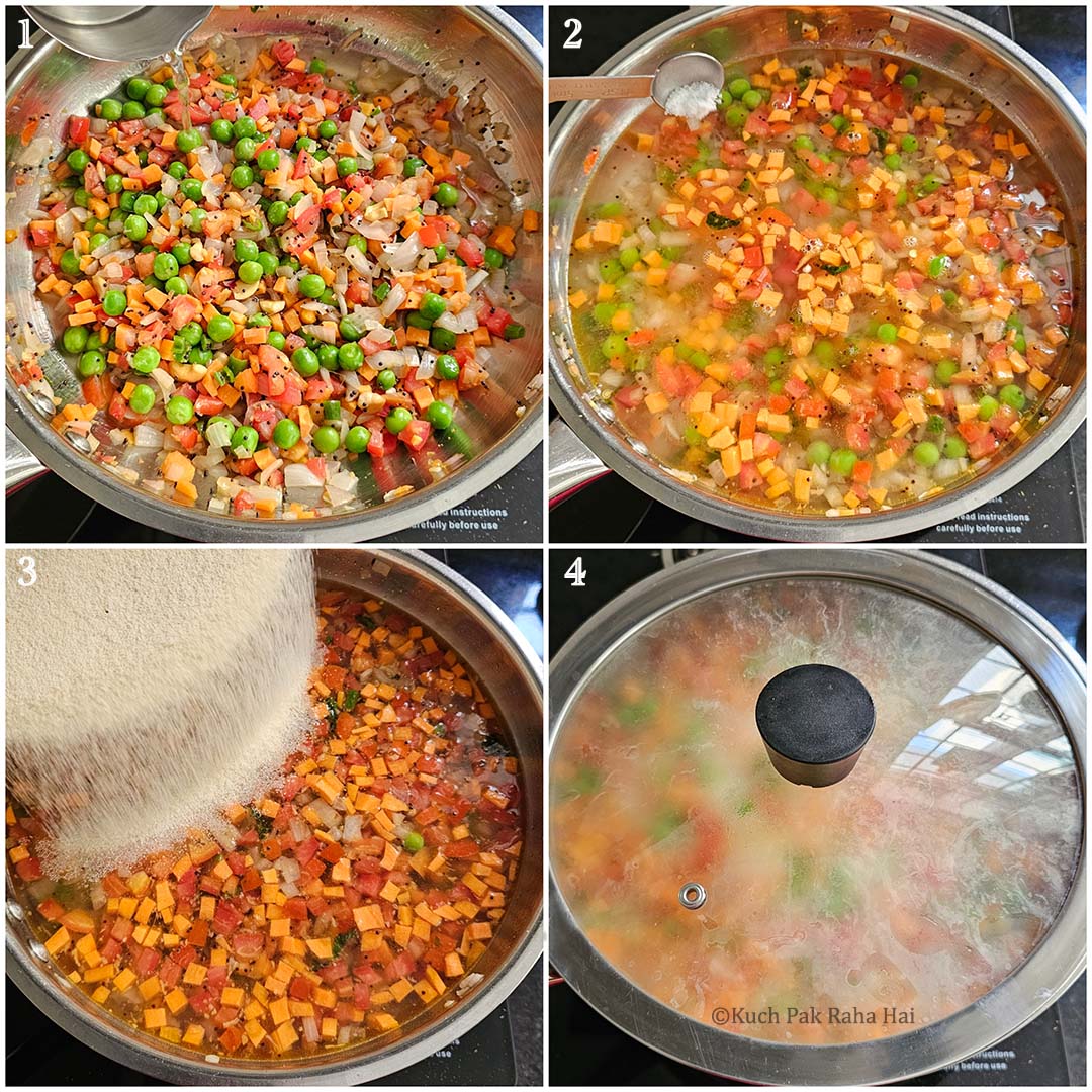 Cooking roasted semolina with vegetables and water