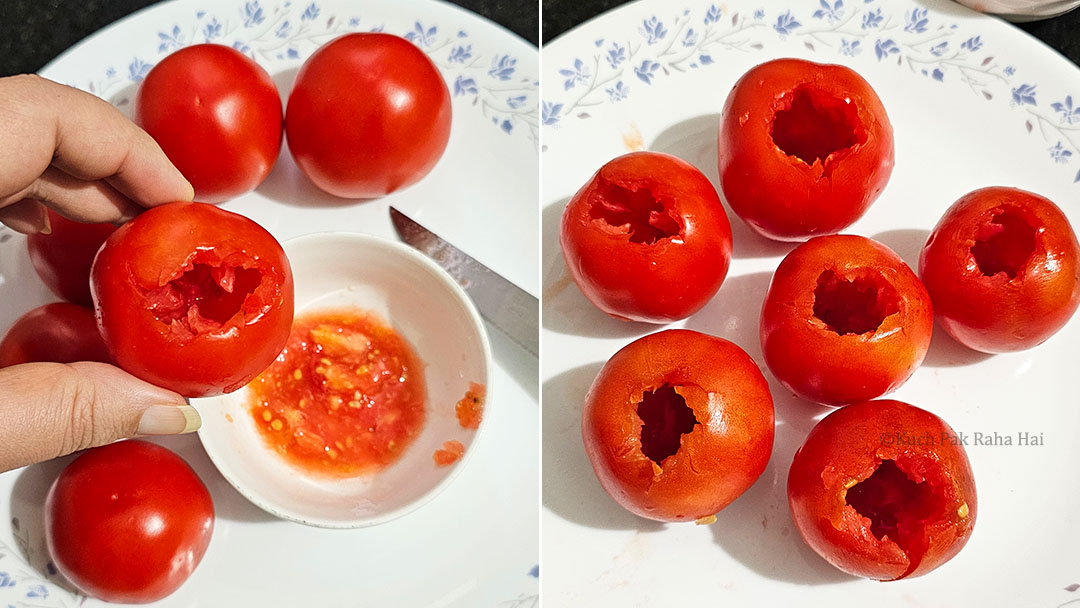 Hollowing whole tomatoes with the help of a knife.