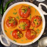 Indian style stuffed tomatoes with gravy.