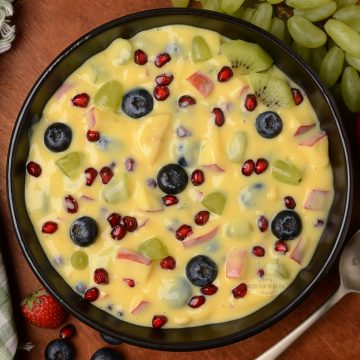 Custard recipe with mixed fruits and berries.