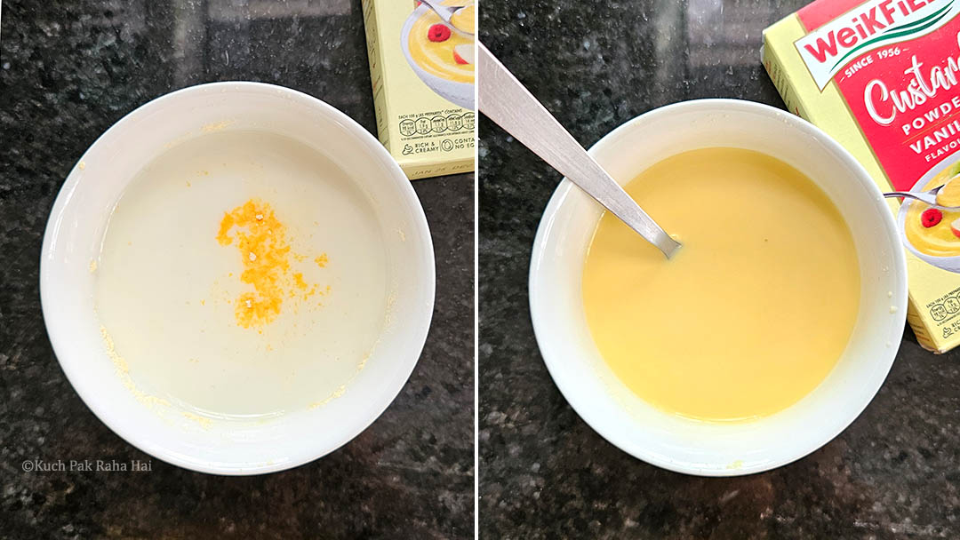 Dissolving custard powder in a pan.