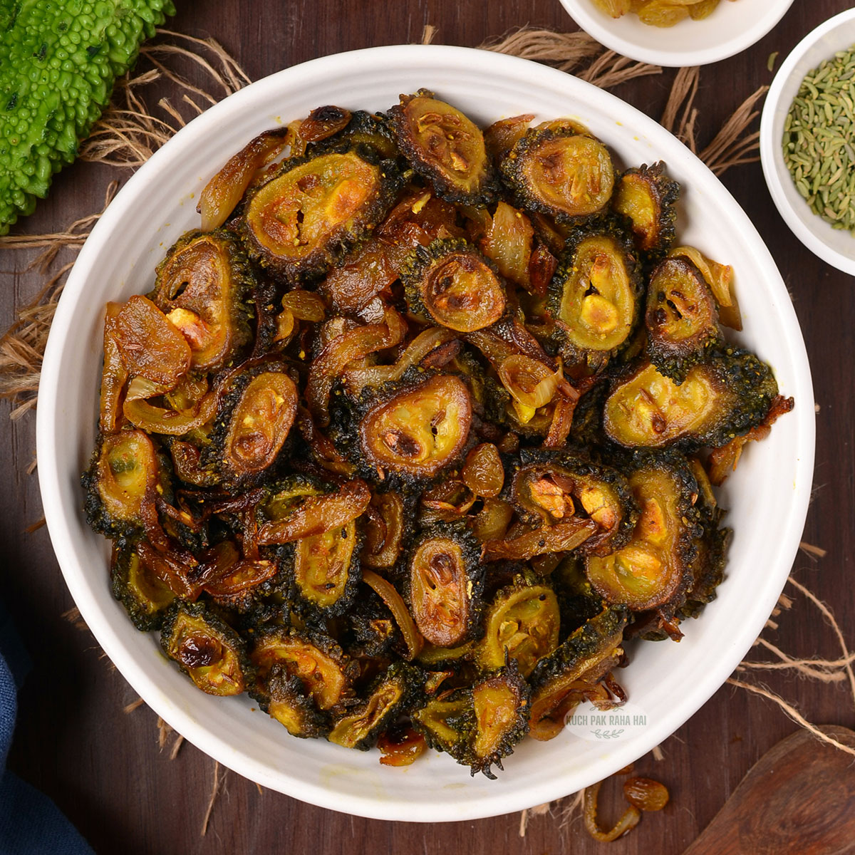 Crispy karela recipe with onions.