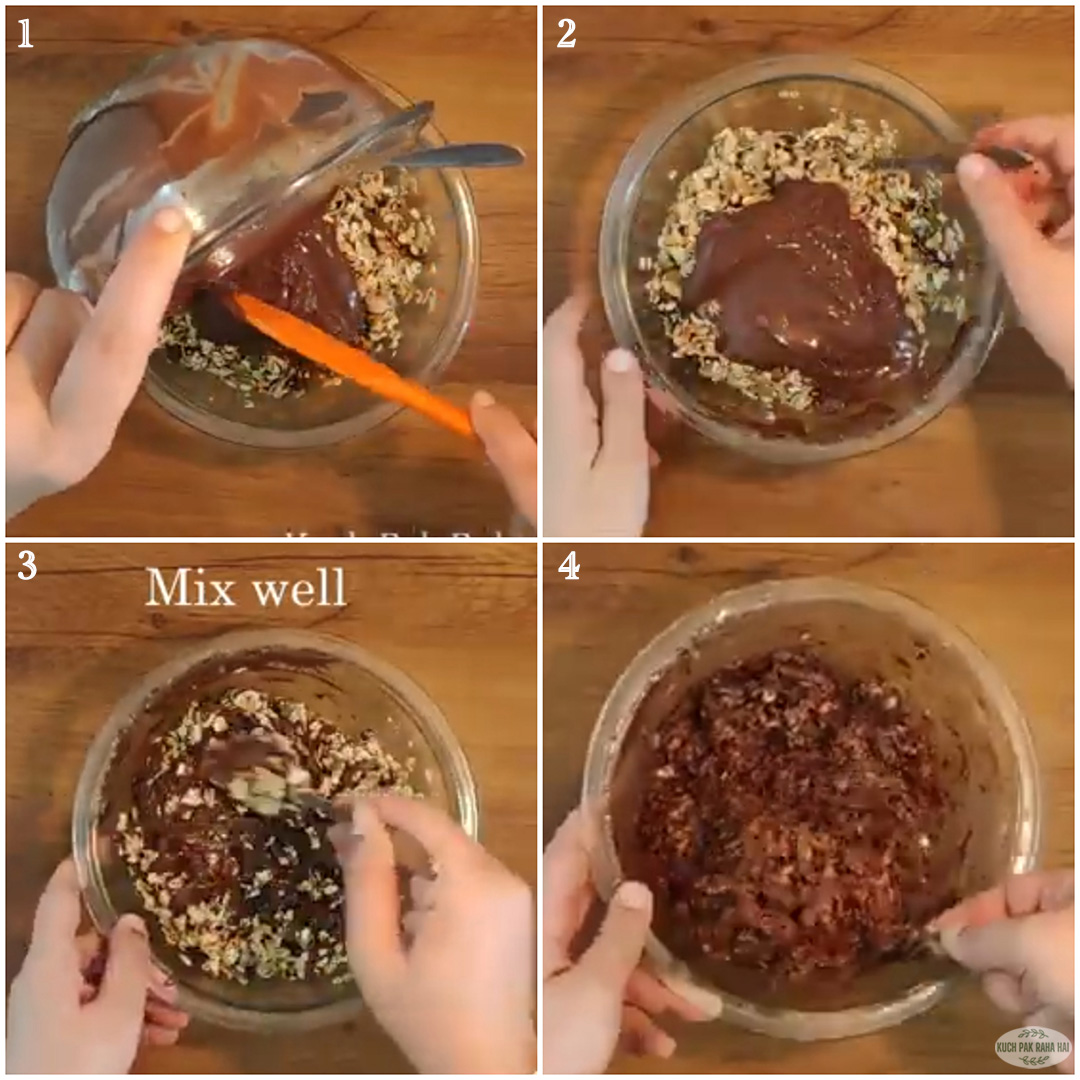 Mixing melted chocolate with granola mixture.