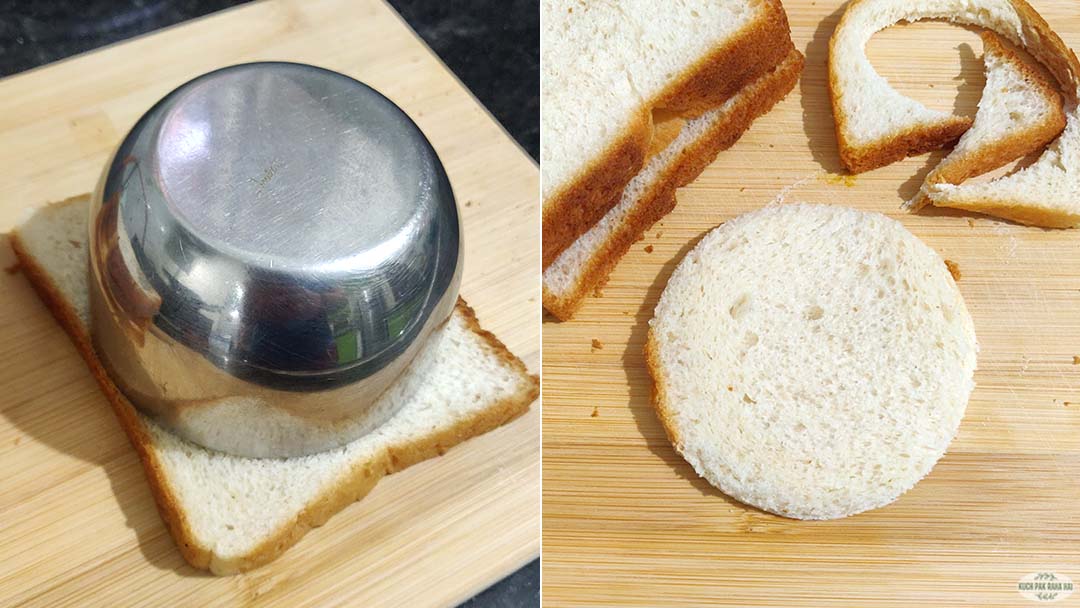 Cutting bread slices with the help of a bowl.