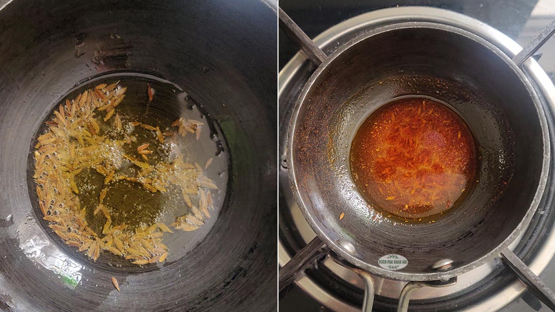 Preparing tempering or tadka to pour over dal.