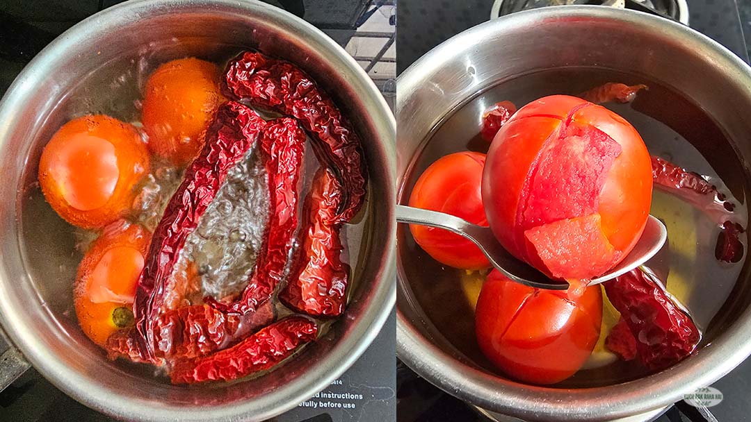 Blanching tomatoes and chillies.