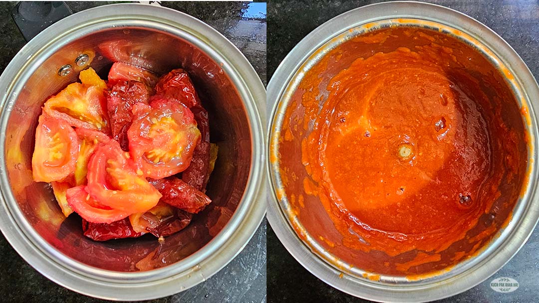 Blending tomatoes chilli in blender jar.