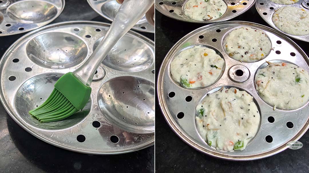 Greasing idli plate with silicon brush.