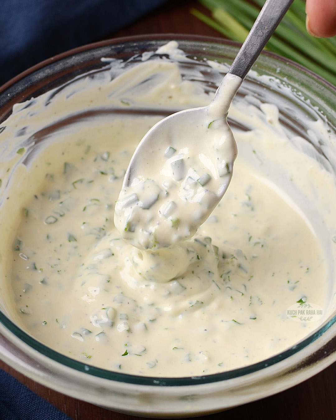 Potato salad dressing with yogurt and herbs.