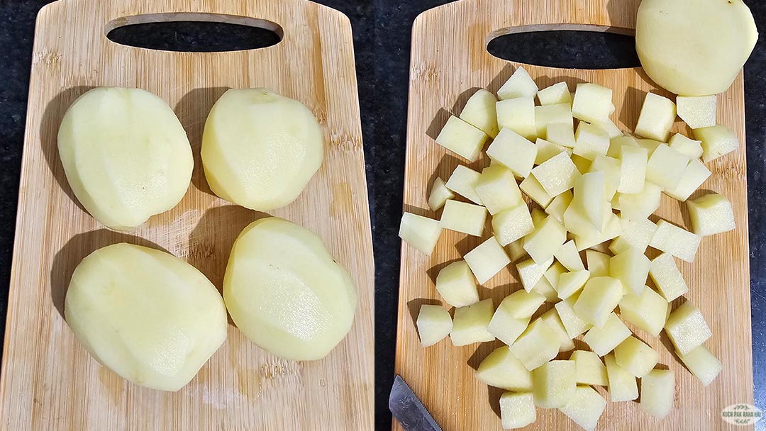 Peeling and chopping potatoes.