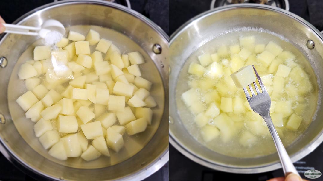 Boiling potatoes in a pot.