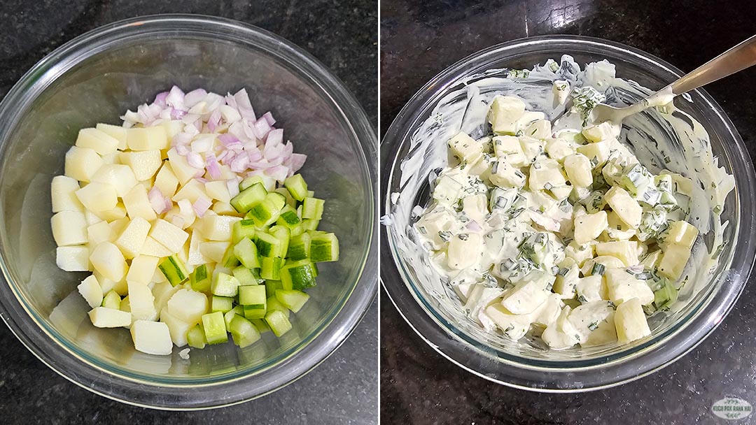 Tossing potatoes in salad dressing.