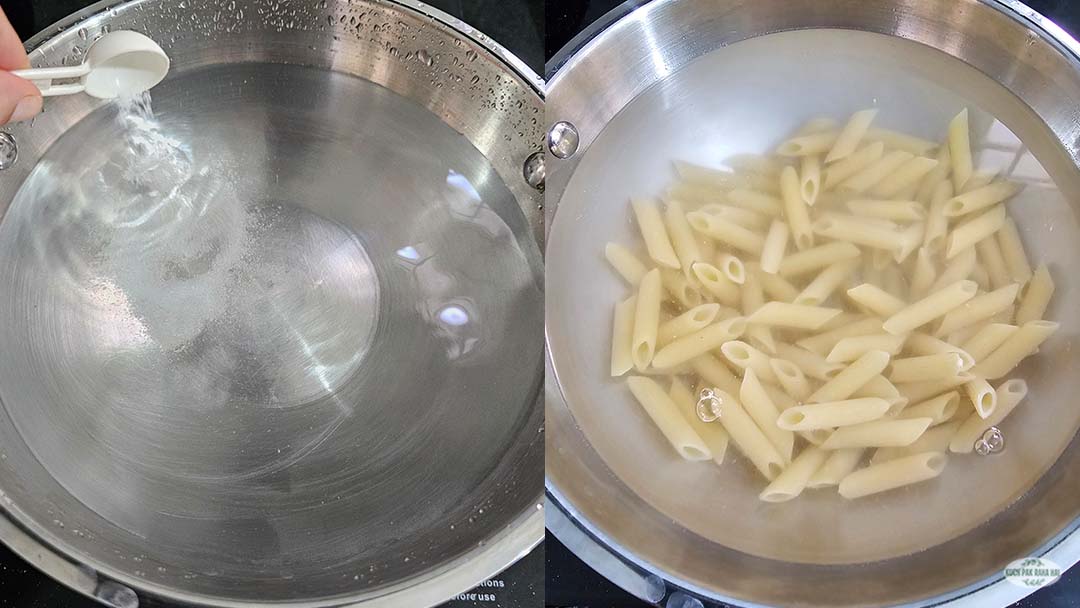 Boiling pasta in a pot.