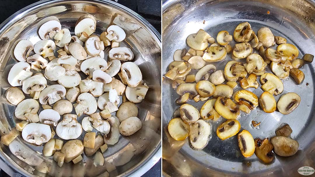 Sautéing mushrooms in a pan.