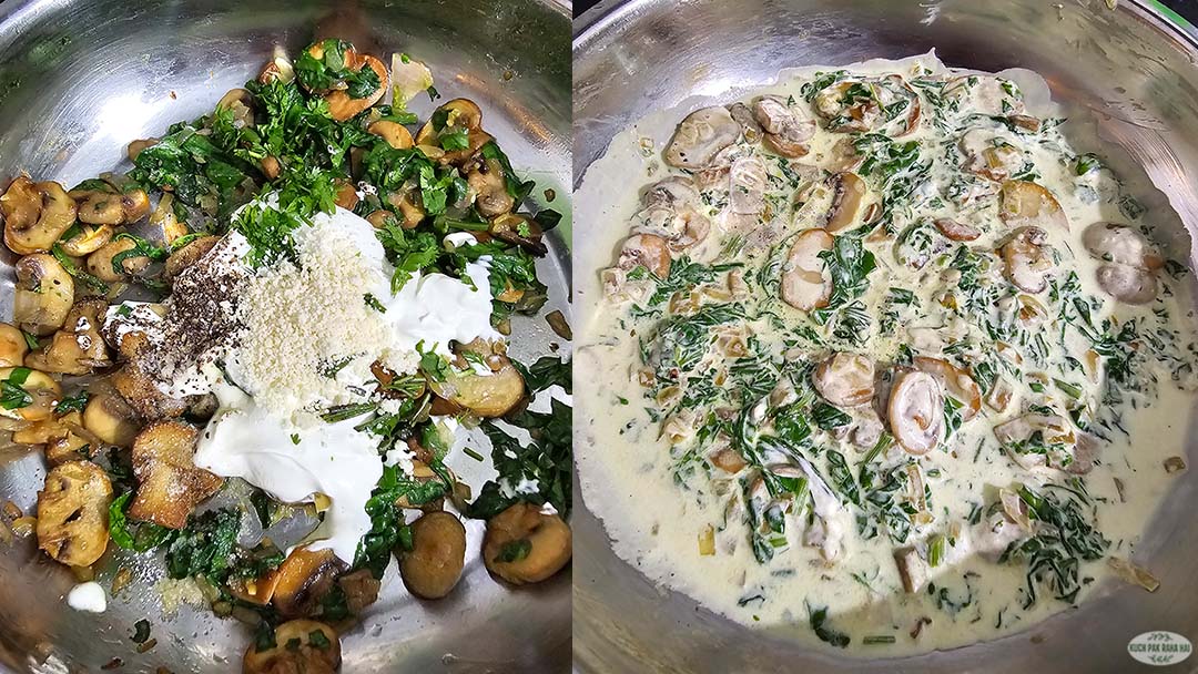 Preparing spinach mushroom pasta sauce.