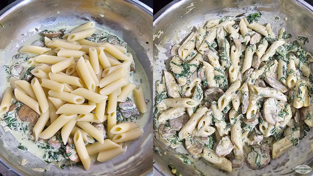 Tossing pasta in mushroom spinach sauce.