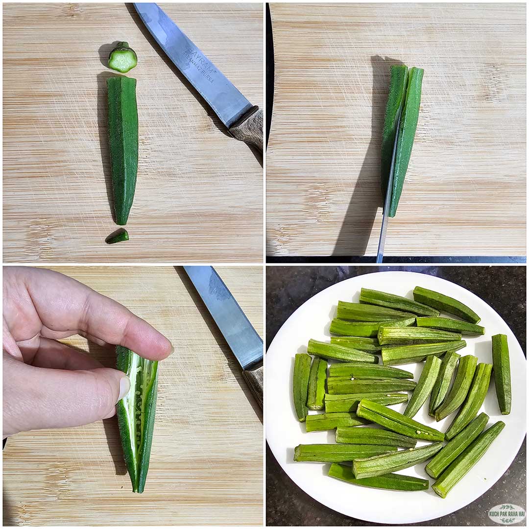 Chopping okra for stuffing.