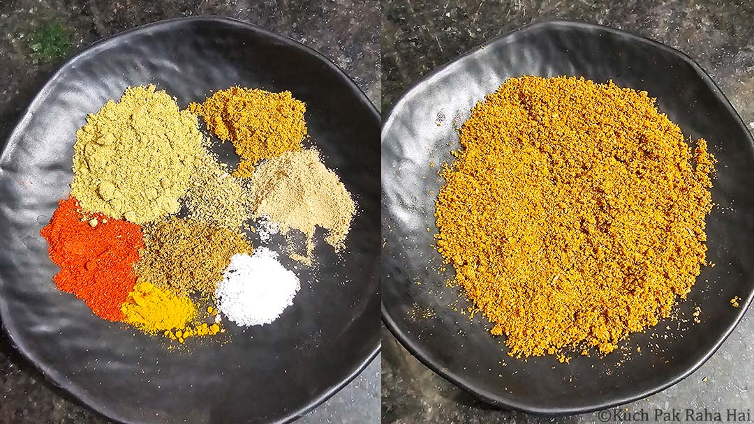 Mixing spices to make masala stuffing.