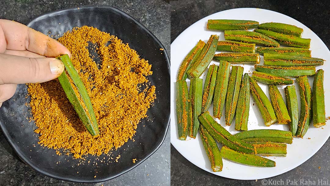 Stuffing okra with spice mixture.