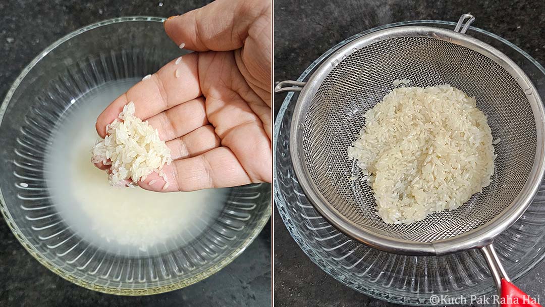 Washing rice in water.