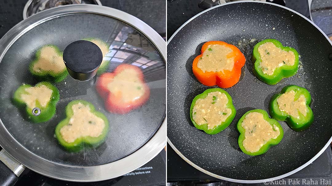 Cooking capsicum rings in a pan.