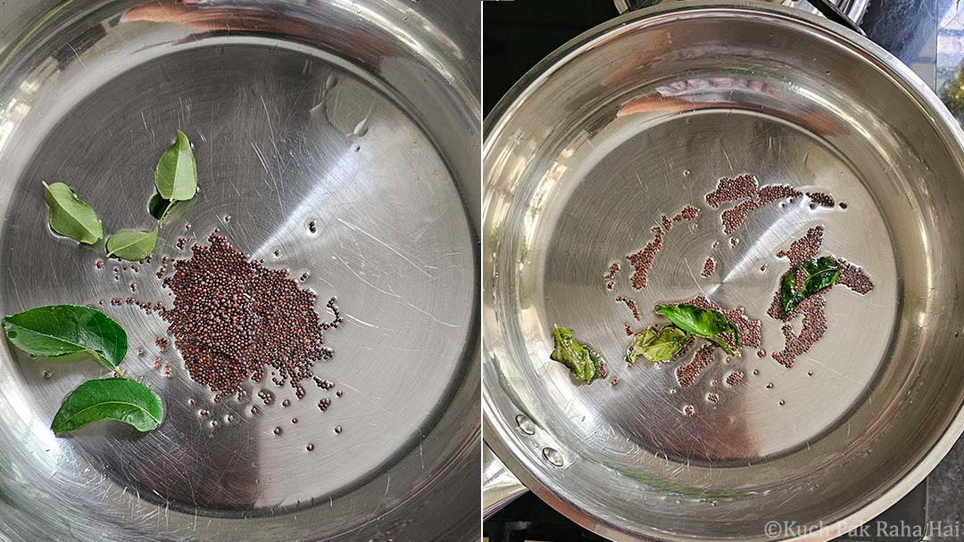 Sautéing mustard seed and curry leaves in pan.