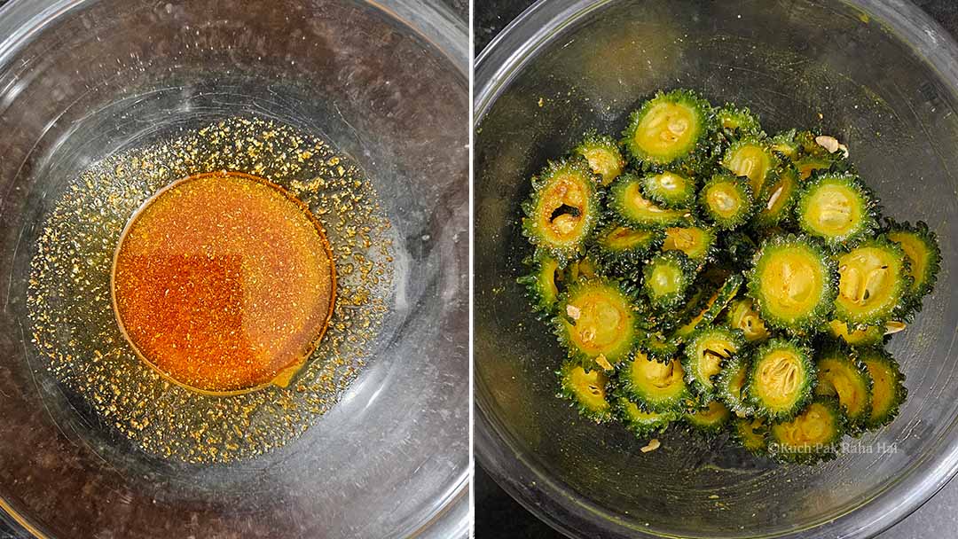 Mixing bitter melon slices with oil and spices.