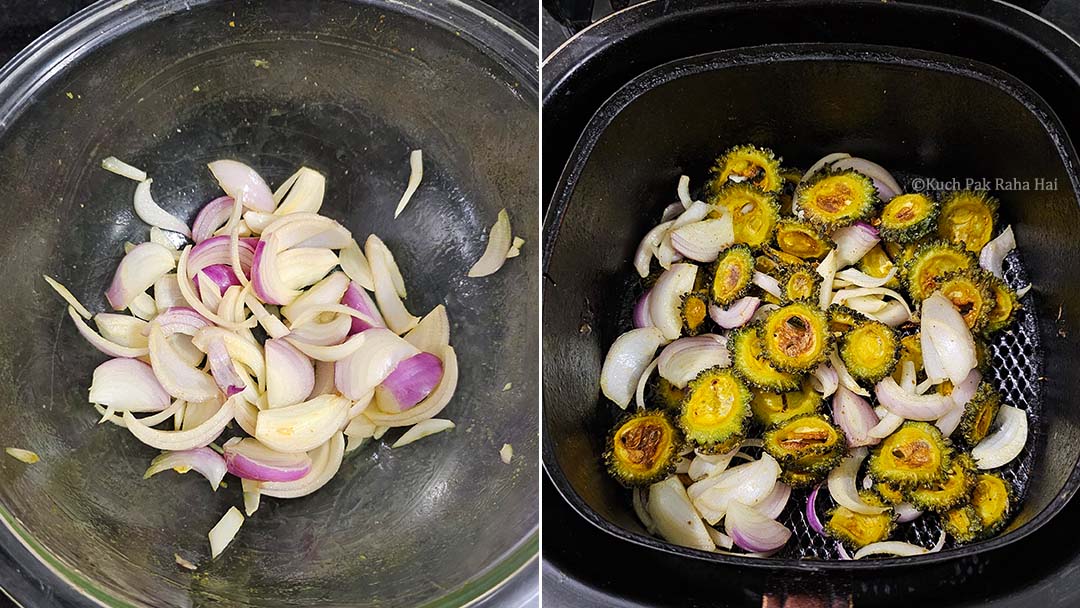 Adding onions to air fried karela.