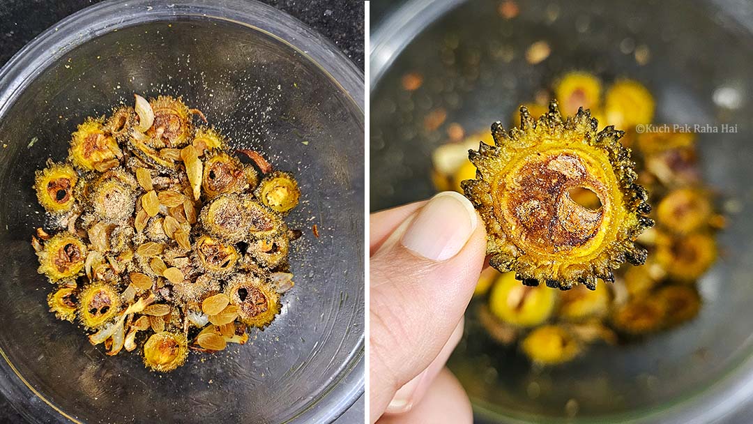 Mixing bitter gourd with raisins and lemon juice.