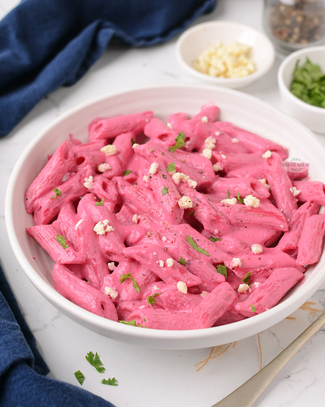 beetroot and feta pasta.