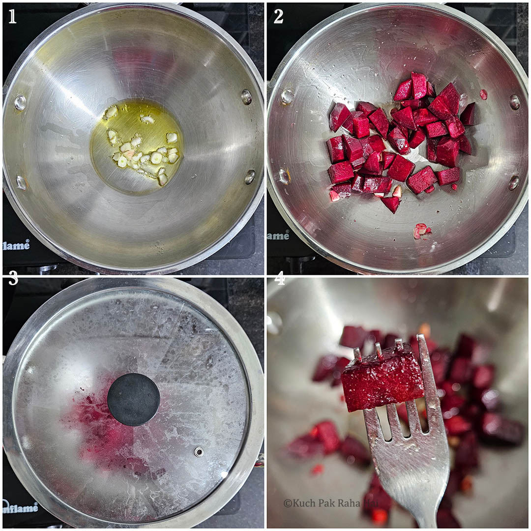 Cooking beetroot in a pan.