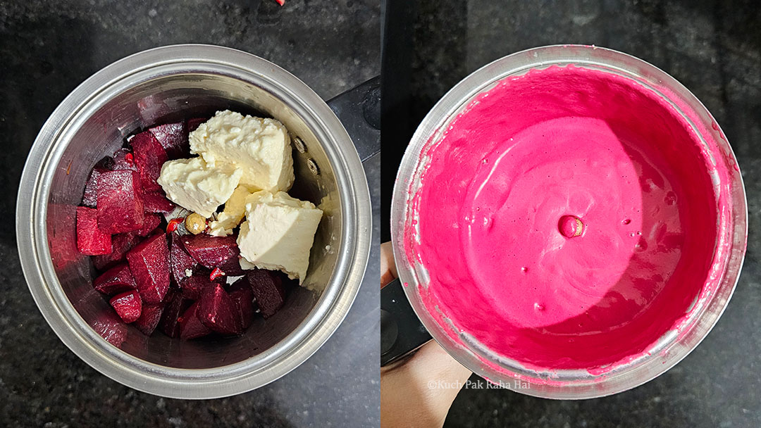 Blending beetroot feta in blender jar to make sauce.