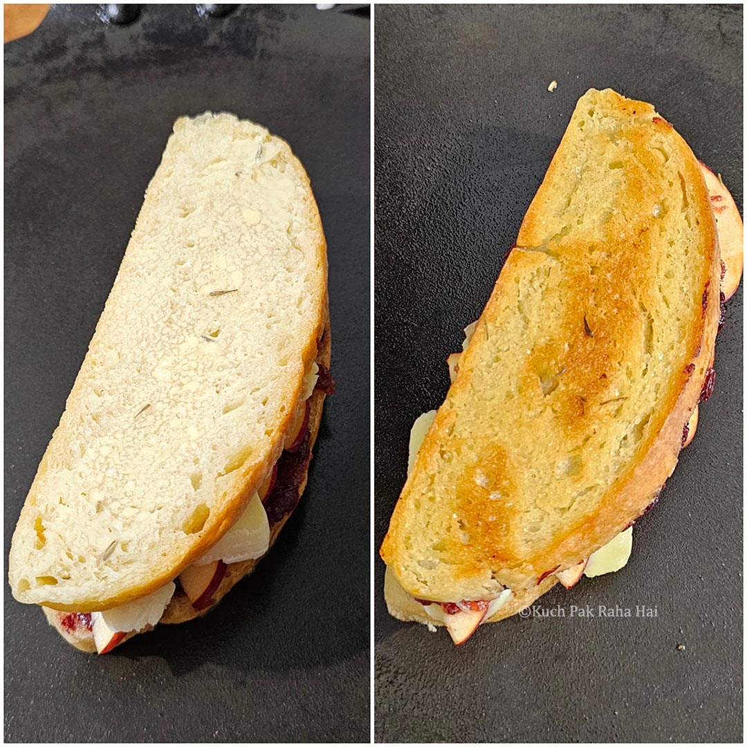 Grilling sandwich on a griddle.