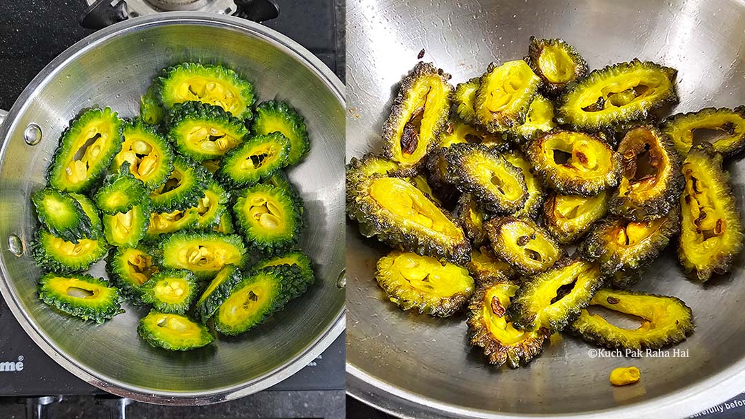 Stir frying karela in a pan.