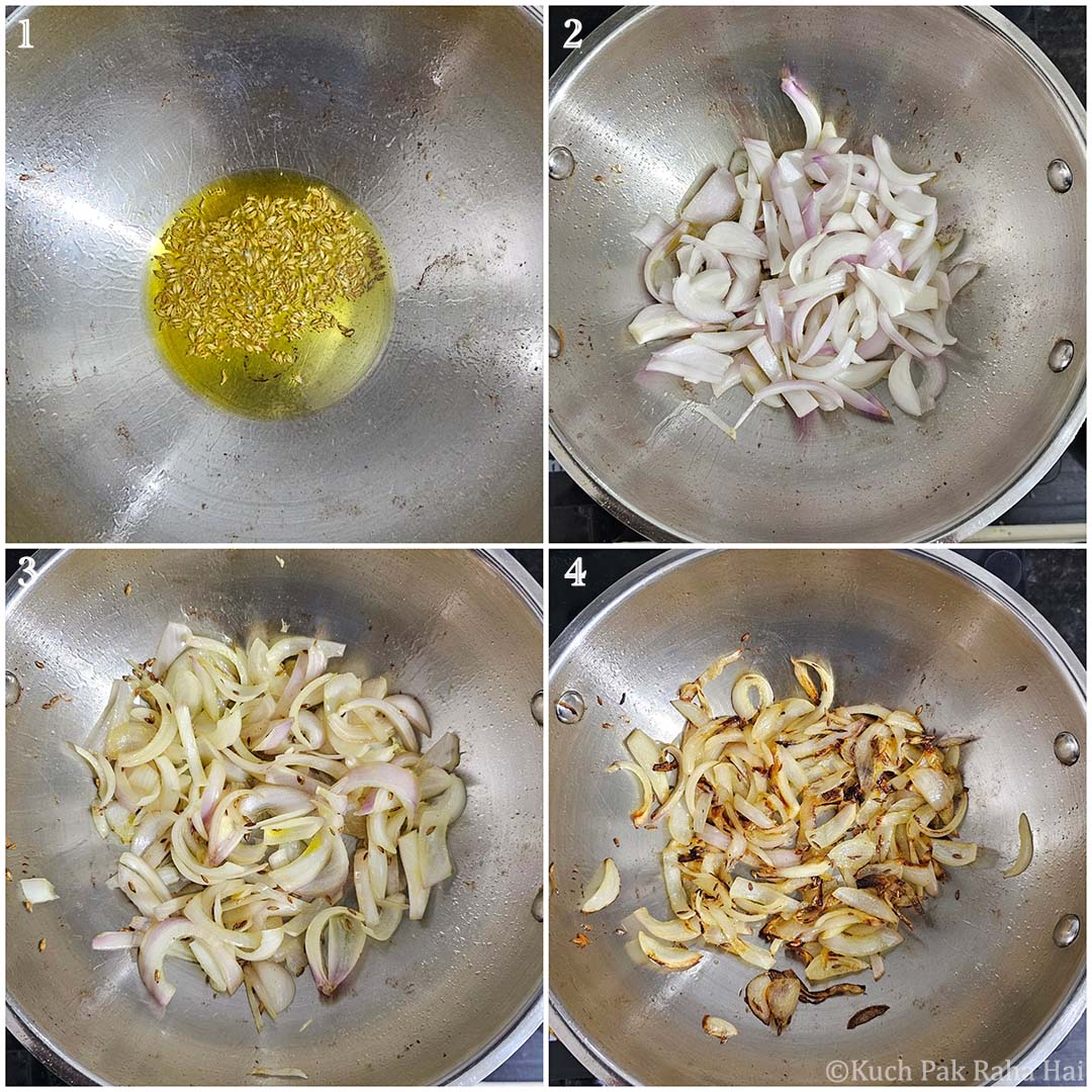 Cooking onions and cumin in oil.