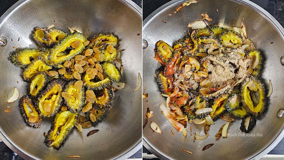 Mixing stir fried karela onion and spices.