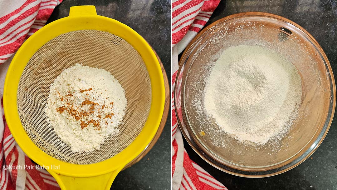 Adding flour to mashed banana.