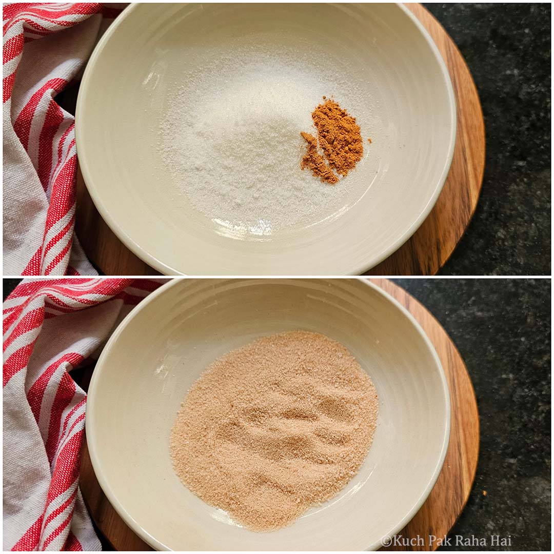 Mixing cinnamon and sugar in a bowl.