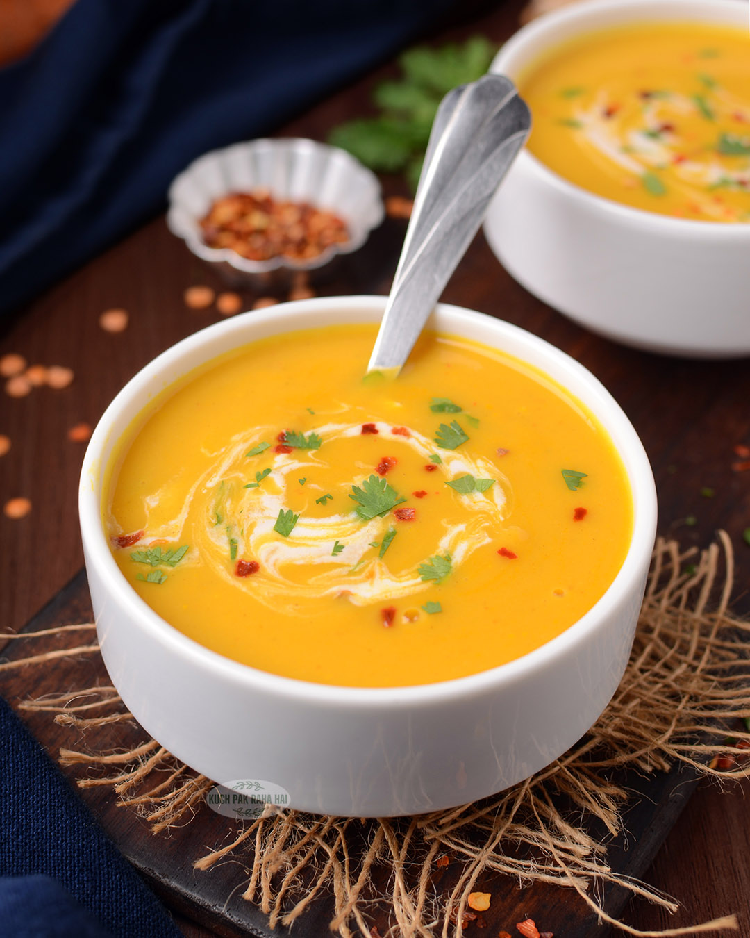 Vegan lentil carrot soup with coconut milk.