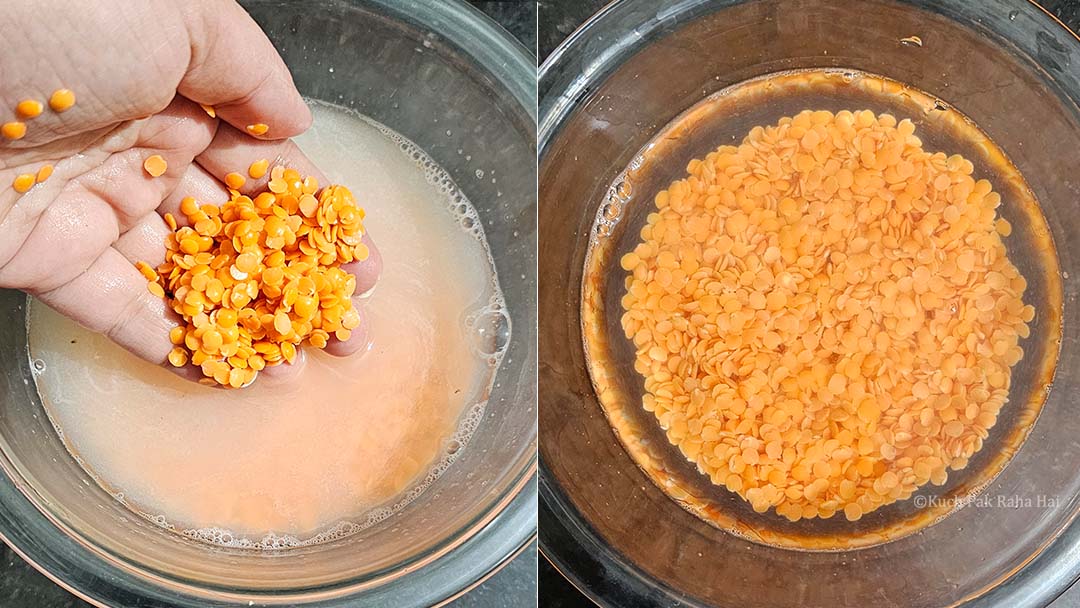 Washing and soaking lentils.