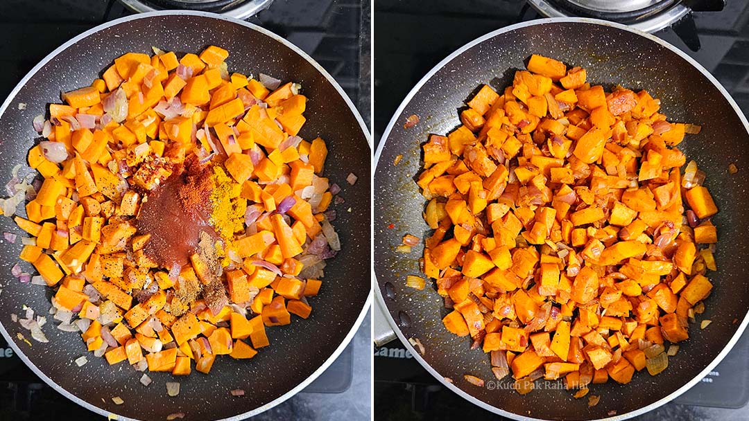 Adding tomatoes puree and spices to carrots.