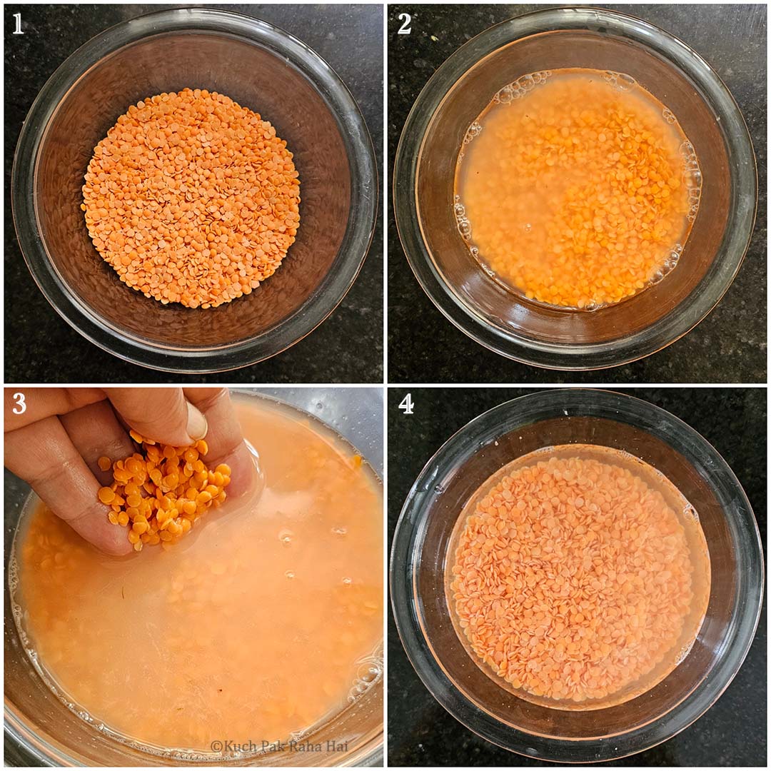 Washing and soaking lentils in a bowl.