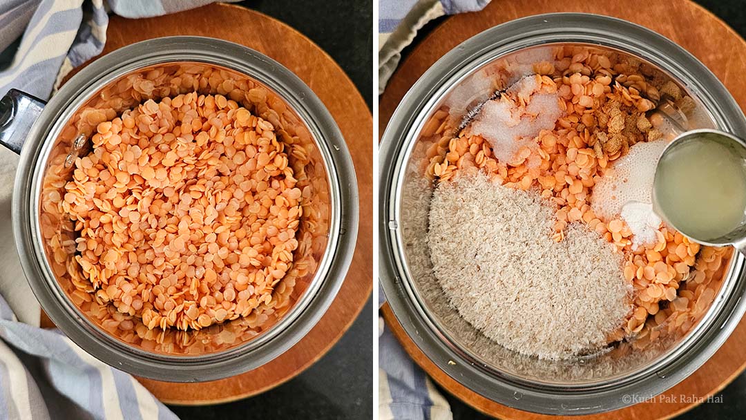 Blending ingredients to make bread dough.