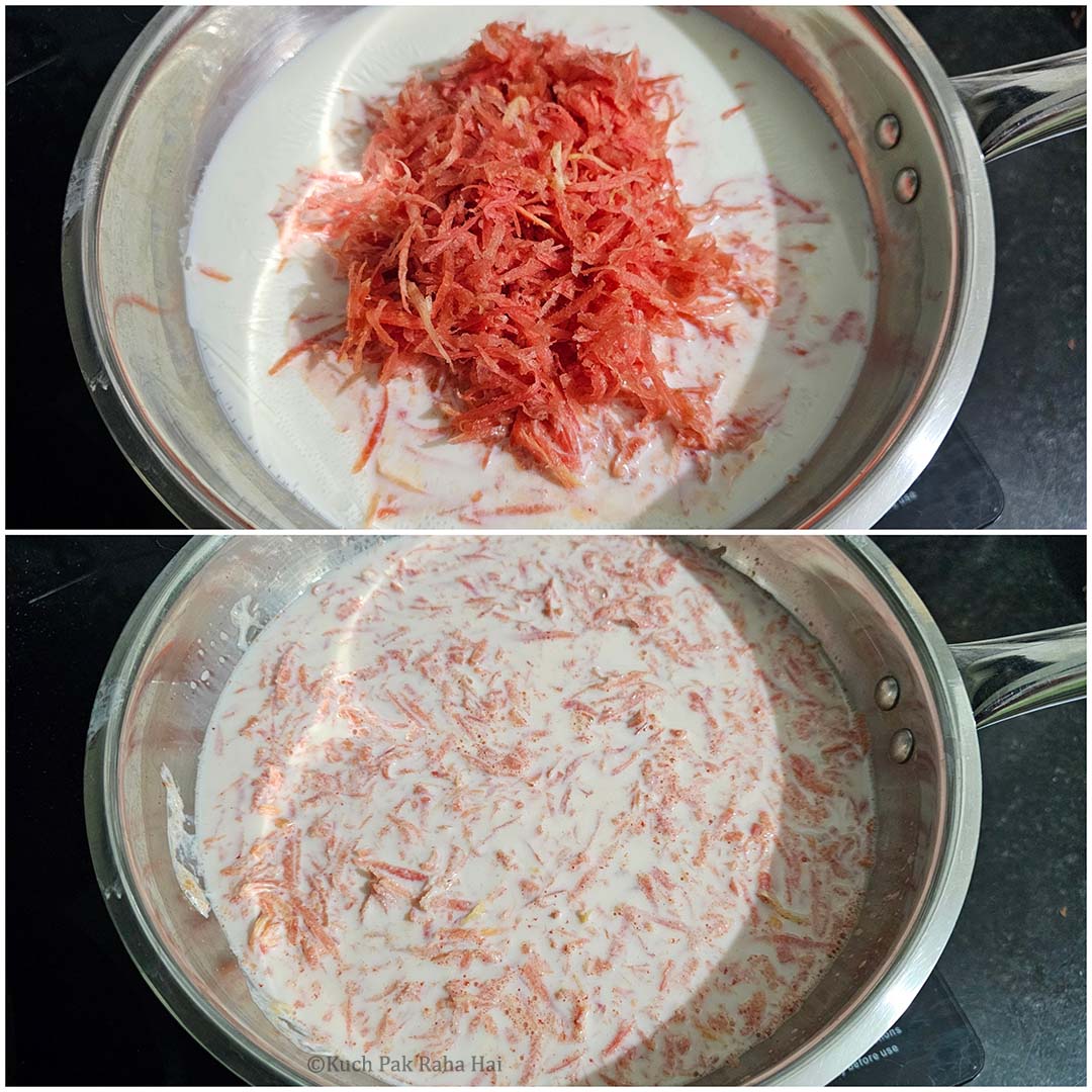 Adding shredded carrots to milk.