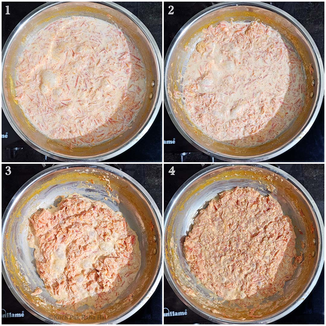 Slow cooking carrot halwa in a pan.