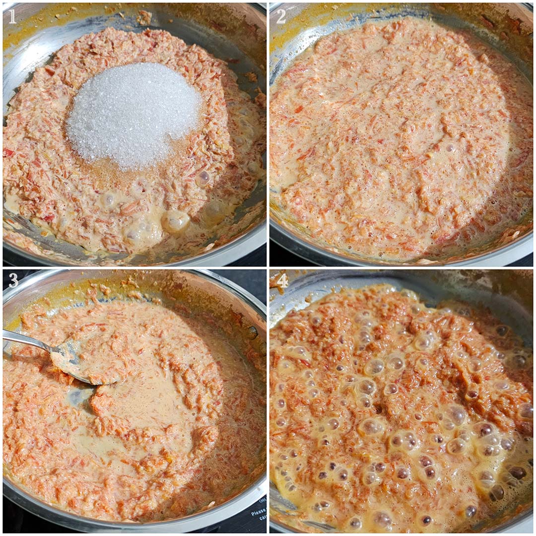 Adding sugar to gajar halwa.